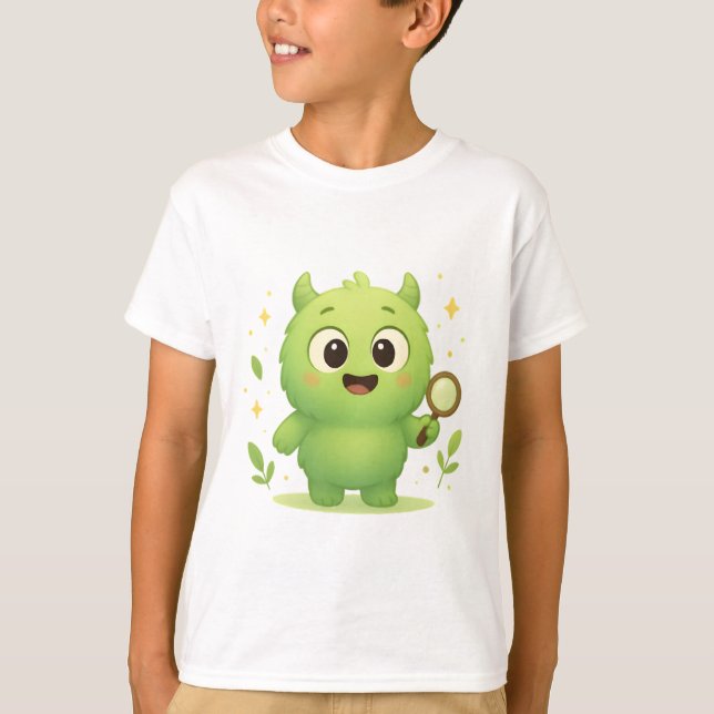 Camiseta Curious Explorer Monster — Cute Green Kids Shirt (Anverso)