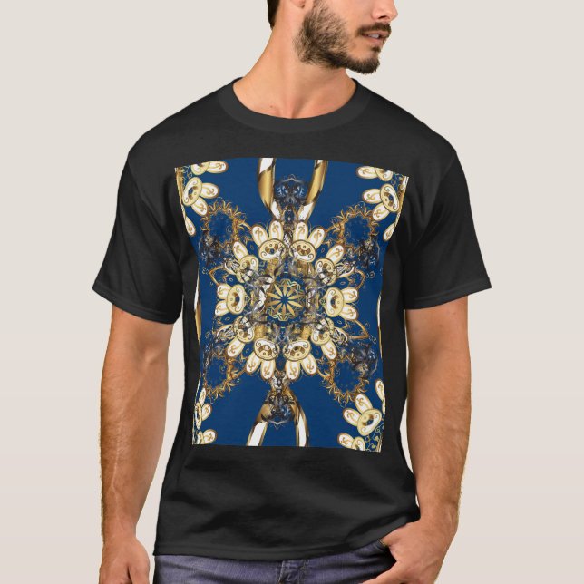 Camiseta Curlos dorados, patrón de cosecha oriental. (Anverso)