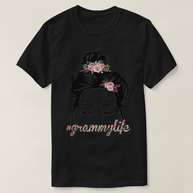 Camiseta Curly Hair Messy Bun Flowers Grammy Life (Diseño del anverso)