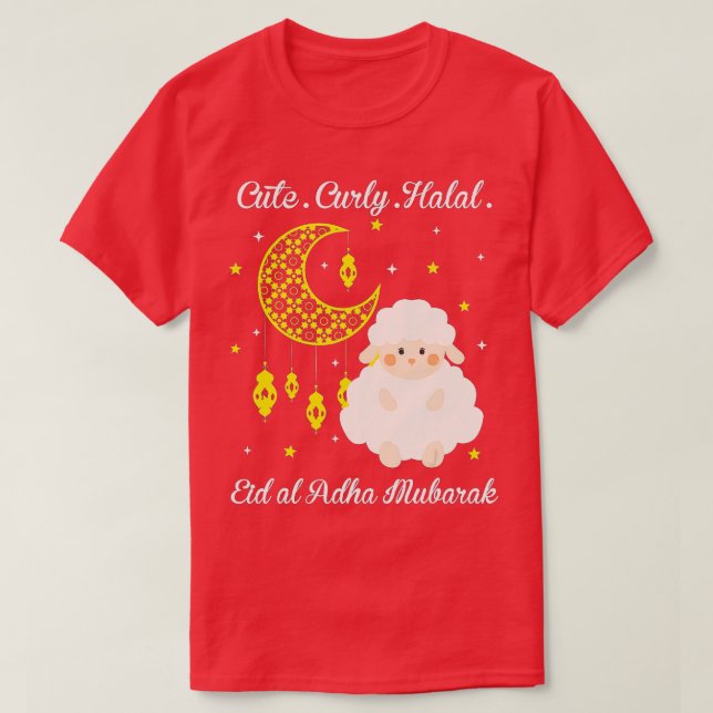 Camiseta Curly Halal Sheep Eid al-Adha Mubarak Musulmán (Diseño del anverso)