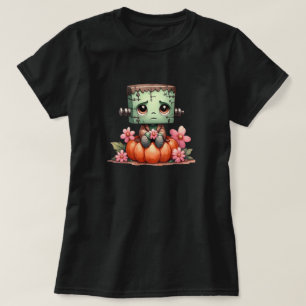 Camiseta Curte Frankenstein sentado en calabaza con flores