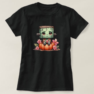 Camiseta Curte Frankenstein sentado en calabaza con flores