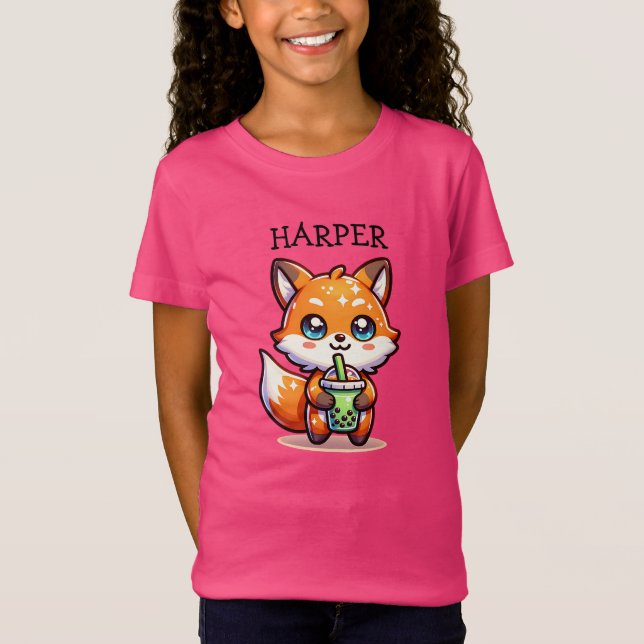 Camiseta Curte Kawaii Fox con té de burbuja personalizado (Anverso)