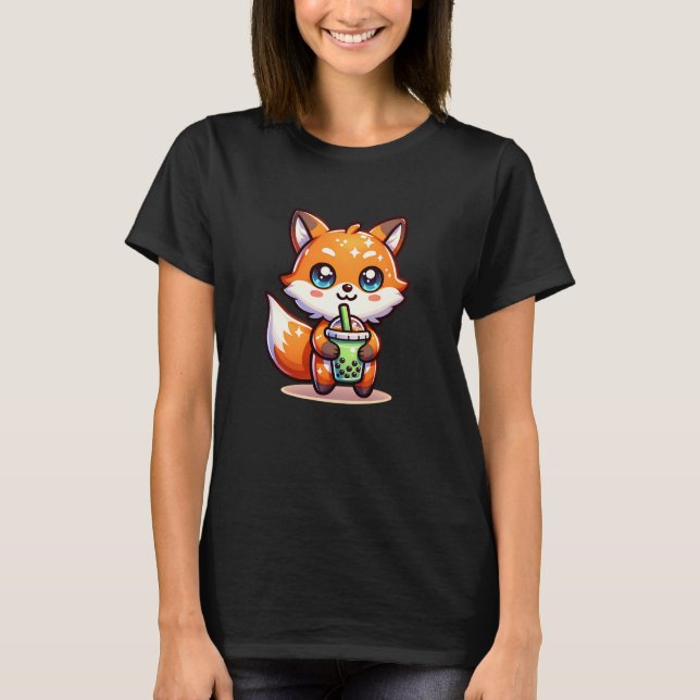 Camiseta Curte Kawaii Fox con té de burbuja personalizado (Anverso)