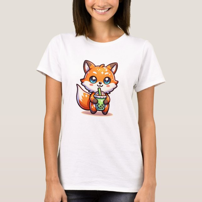 Camiseta Curte Kawaii Fox con té de burbuja personalizado (Anverso)