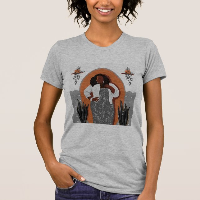 Camiseta Curva, mujer negra, plantas domésticas, Naranja y  (Anverso)