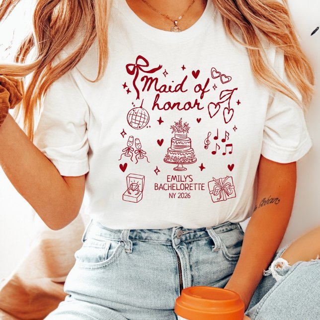 Camiseta Custom Maid of Honor Coquette Red Bow Bachelorette (Subido por el creador)