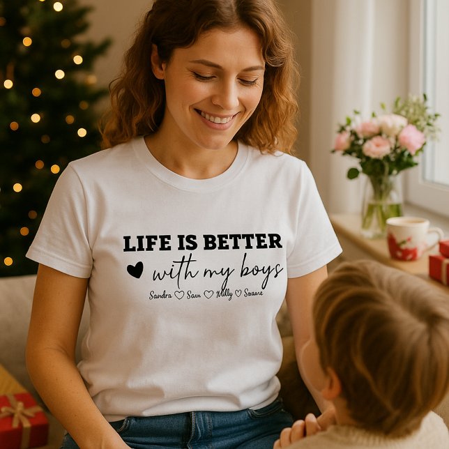 Camiseta Custom Mom Shirt with Kids Names | Heart (Custom Life is Better With My Boys Sweatshirt and Hoodie, Mom Shirt)