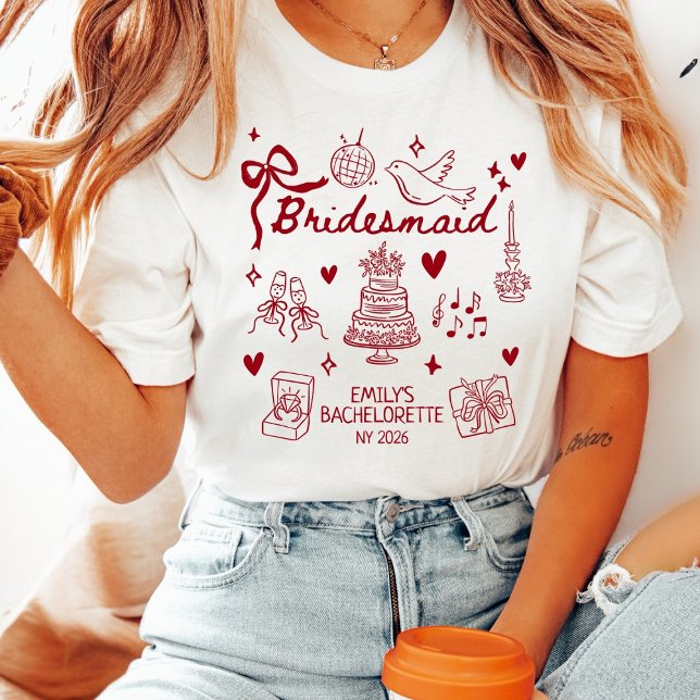 Camiseta Custom Red Coquette Bridesmaid Bachelorette Party  (Subido por el creador)