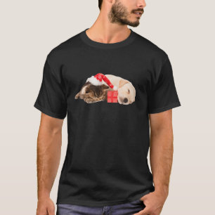 Camiseta Cutáneo Yellow Lab Puppy Kitten Santa Hat Navidade