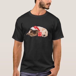 Camiseta Cutáneo Yellow Lab Puppy Kitten Santa Hat Navidade