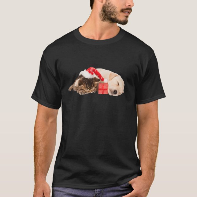Camiseta Cutáneo Yellow Lab Puppy Kitten Santa Hat Navidade (Anverso)