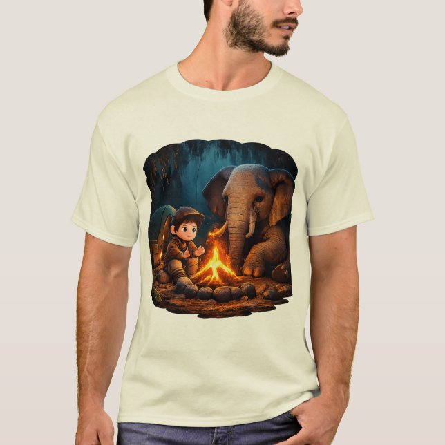 Camiseta “Cute 3D Boy & Elephant Campfire Sticker in Dark J (Anverso)