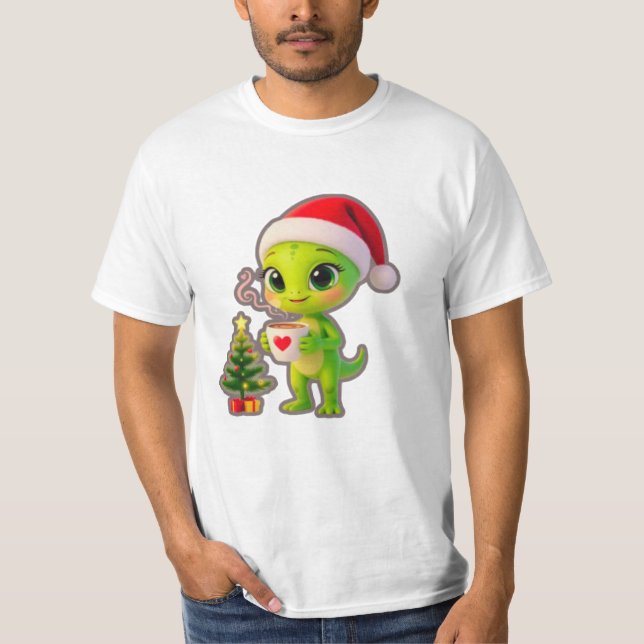 Camiseta **Cute 3D Green Alien in Santa Hat with Hot Chocol (Anverso)