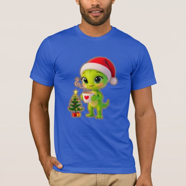 Camiseta **Cute 3D Green Alien in Santa Hat with Hot Chocol (Anverso)