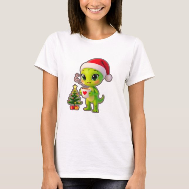 Camiseta **Cute 3D Green Alien in Santa Hat with Hot Chocol (Anverso)