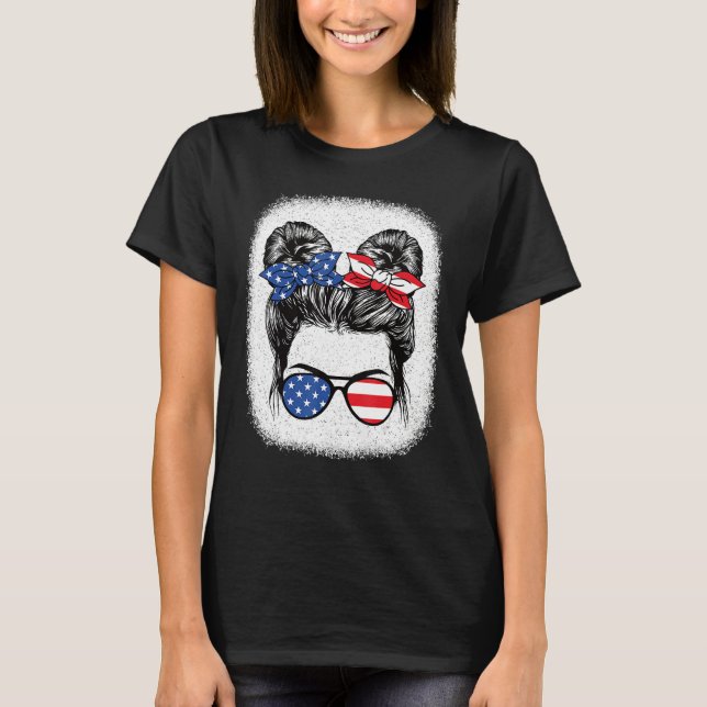 Camiseta Cute 4th Of July Messy Bun Girl American Flag Patr (Anverso)