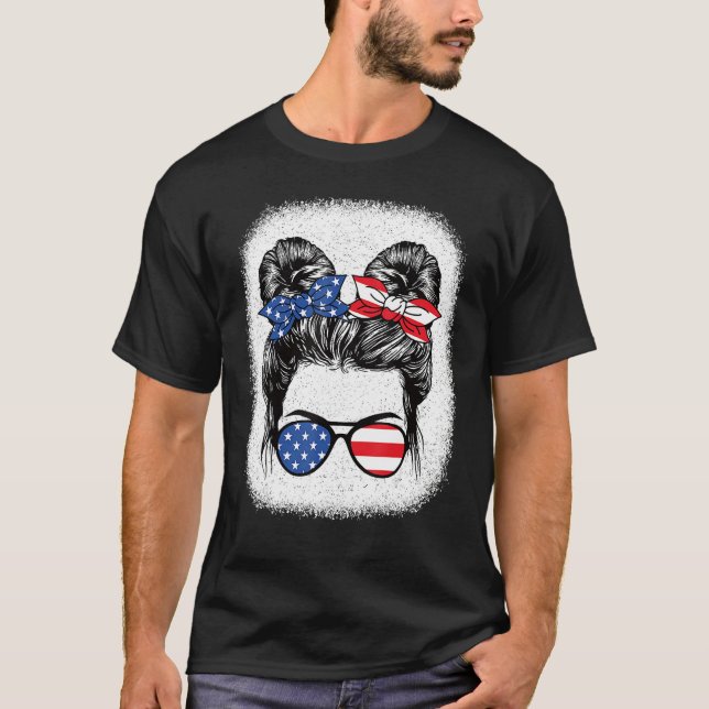 Camiseta Cute 4th Of July Messy Bun Girl American Flag Patr (Anverso)
