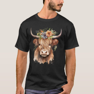 Camiseta Cute acuarela Highland Cow con flores - Bonito