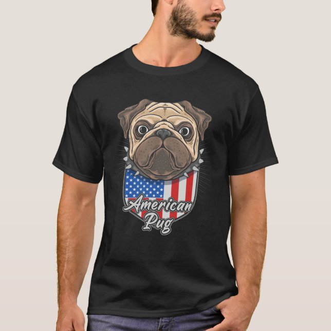 Camiseta Cute American Pug with USA Flag Shield Background  (Anverso)