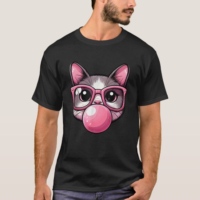 Camiseta Cute and Funny Cat Pink Sunglasses And Blowing Bub (Anverso)