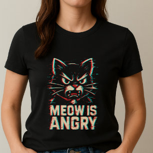 Camiseta Cute Angry Glitch Cat Tee; Fun Meow Is Angry Meme