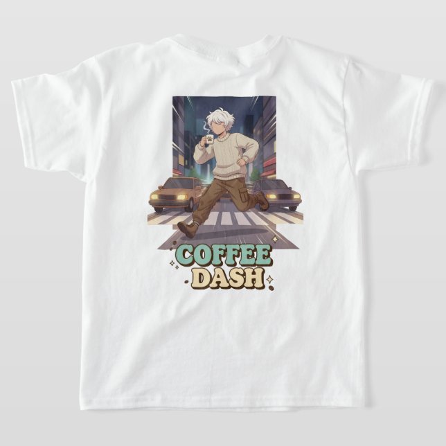 Camiseta Cute Anime Boy Running in the City with Coffee (Distribución Reverso )