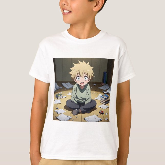 Camiseta Cute Anime Boy Surprised in Messy Room – Emotional (Anverso)