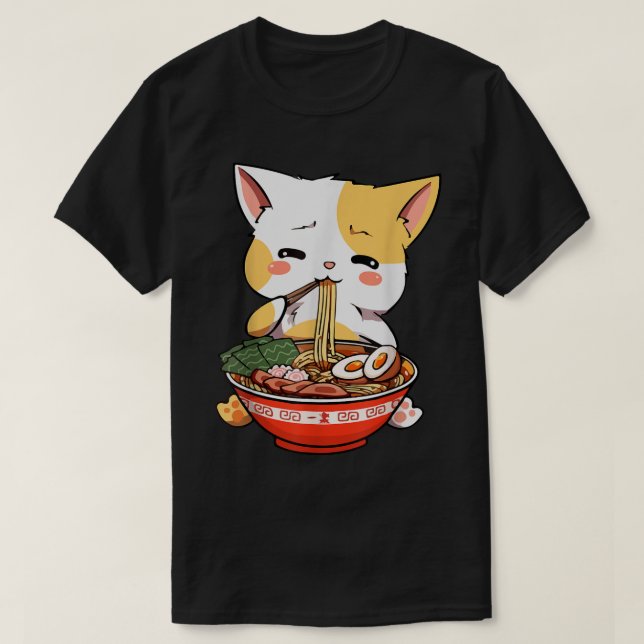 Camiseta Cute Anime Cat Eating Ramen (Diseño del anverso)