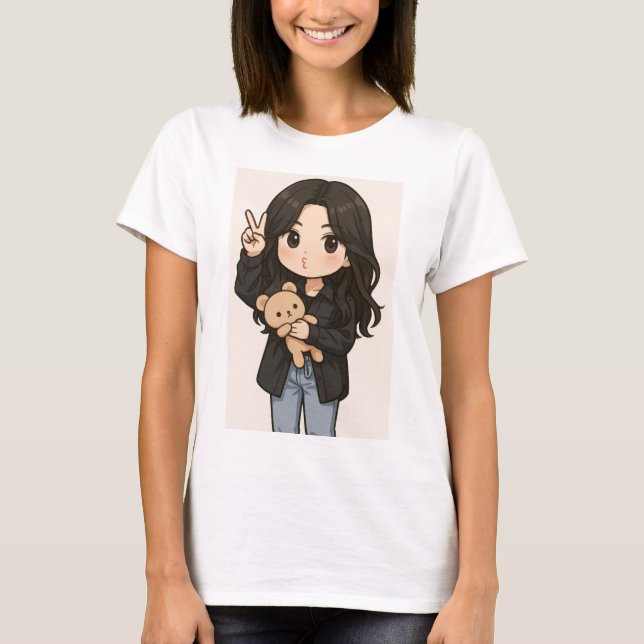 Camiseta Cute Anime Girl with teddy bear peace sign T-Shirt (Anverso)