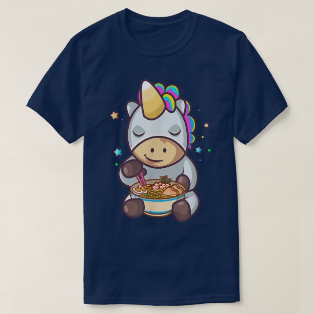 Camiseta Cute arcoiris Unicornio comiendo fideos de Ramen B (Diseño del anverso)