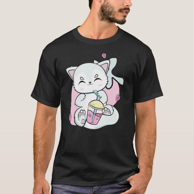 Camiseta Cute Arctic Fox Drinks Strawberry Milk And Boba Bu (Anverso)