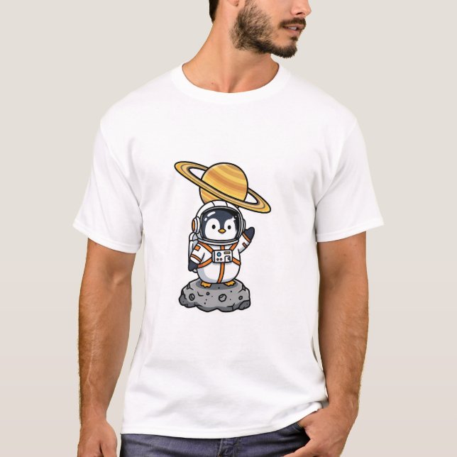 Camiseta Cute Astronaut Penguin Waving on Asteroid (Anverso)