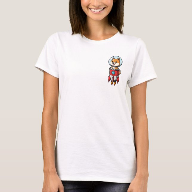 Camiseta Cute Astronaut Shiba Inu Dog in Red Rocket Cartoon (Anverso)