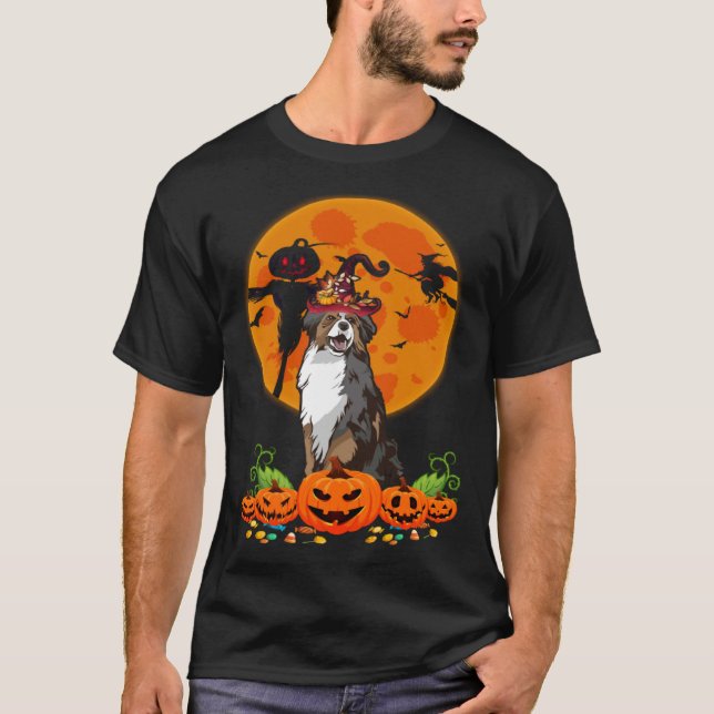 Camiseta Cute Australian Shepherd Dog Witch Pumpkin Hallowe (Anverso)