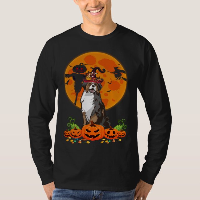 Camiseta Cute Australian Shepherd Dog Witch Pumpkin Hallowe (Anverso)