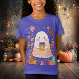 Camiseta Cute Autumn Ghost with Pumpkin Coffee – Cozy Fall