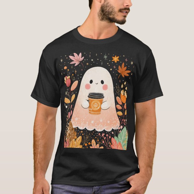 Camiseta Cute Autumn Ghost with Pumpkin Coffee – Cozy Fall  (Anverso)