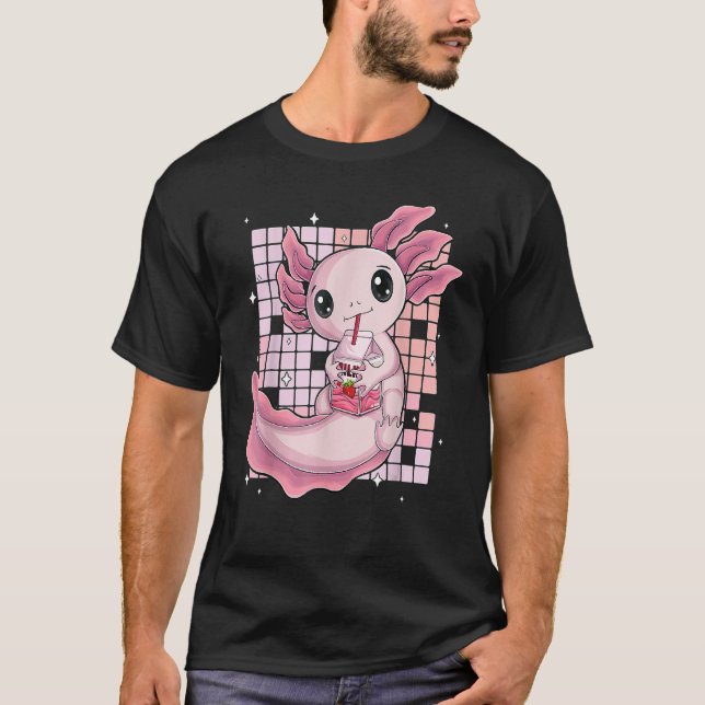 Camiseta Cute Axolotl Drinking Strawberry Milk Bubble Tea O (Anverso)