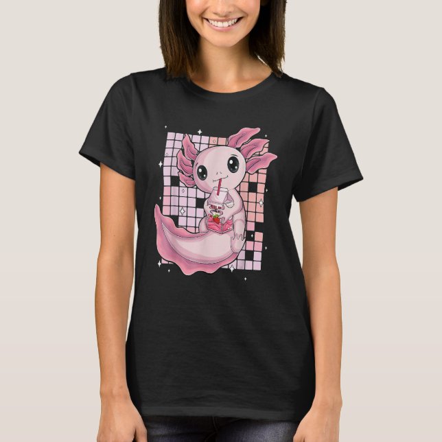 Camiseta Cute Axolotl Drinking Strawberry Milk Bubble Tea O (Anverso)