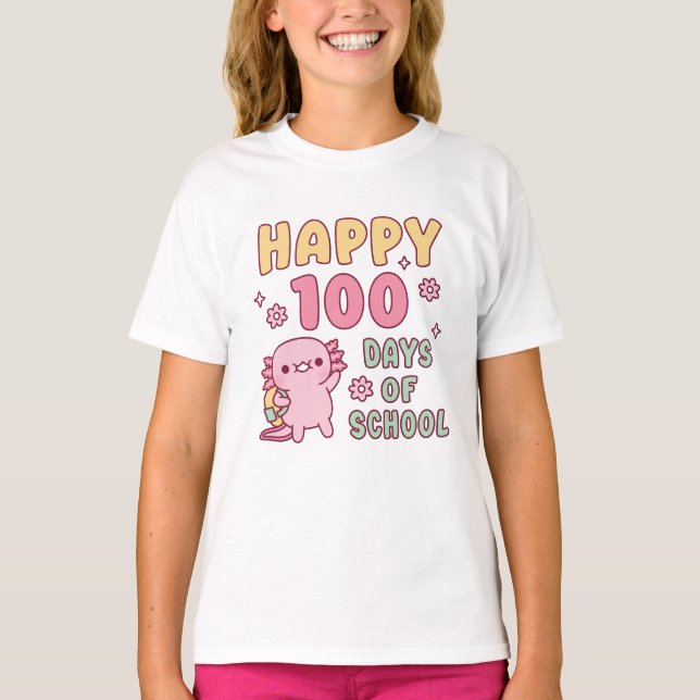 Camiseta Cute Axolotl Feliz 100 Días De Escuela (Anverso)