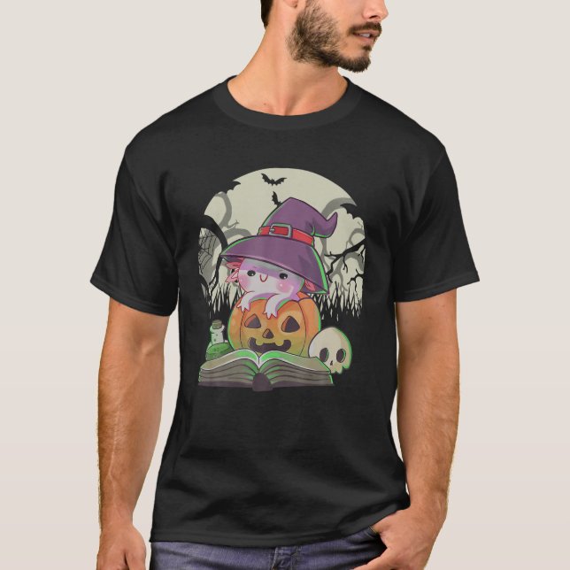 Camiseta Cute Axolotl Libro de lectura Calabaza Halloween (Anverso)