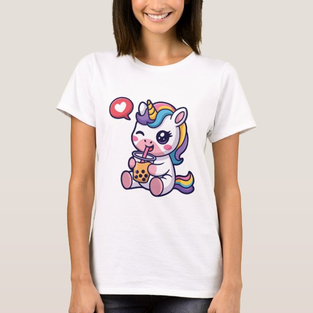 Camiseta Cute Baby Unicorn Drinking Bubble Tea Funny Boba  (Anverso)