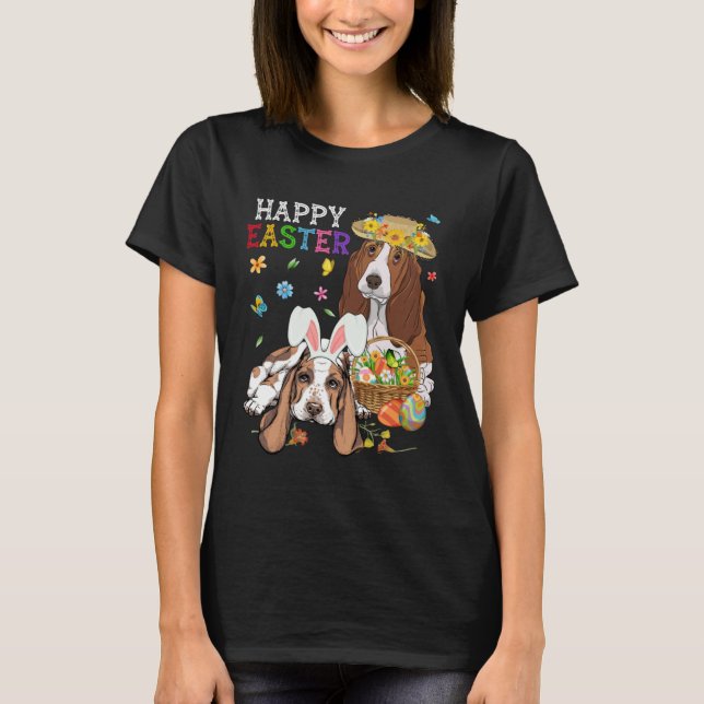 Camiseta Cute Basset Hound Dogs Easter Egg Basket Happy Eas (Anverso)