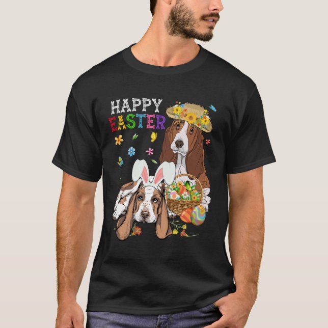 Camiseta Cute Basset Hound Dogs Easter Egg Basket Happy Eas (Anverso)