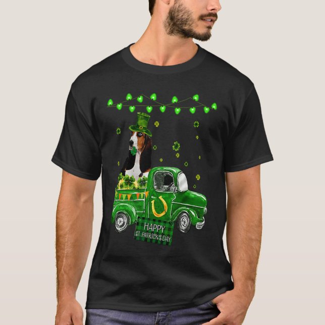 Camiseta Cute Basset Hound Leprechaun Hat Truck Shamrock St (Anverso)