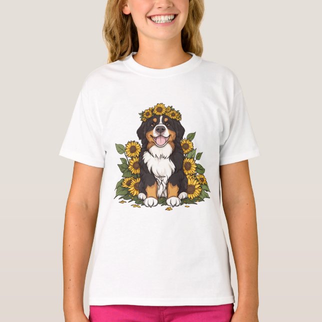 Camiseta Cute Bernese Mountain Dog Wearing Sunflower Crown (Anverso)