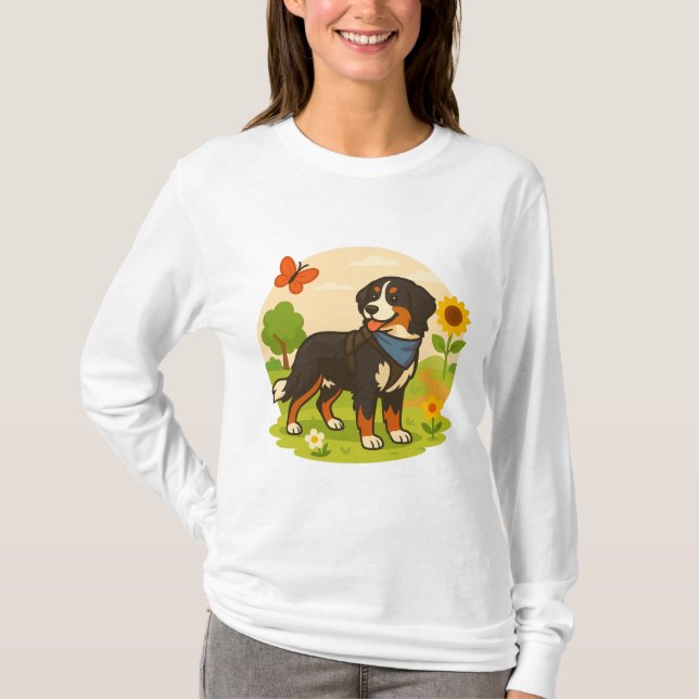 Camiseta Cute Bernese Mountain Dog with Sunflower & Butterf (Anverso)