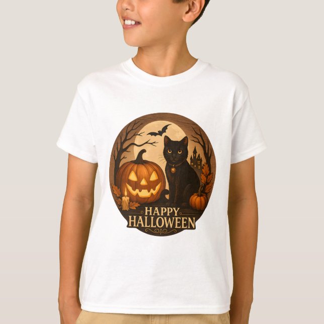 Camiseta Cute Black Cat and Pumpkin | Happy Halloween Art (Anverso)