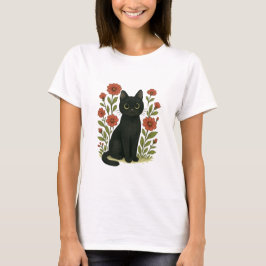 Camiseta Cute Black Cat & Flower Garden Women’s Tee